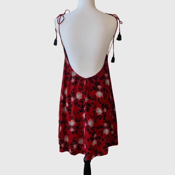 EXPRESS RED FLORAL TASSEL HALTER MINI DRESS BOHO GYPSY FLORAL DRESSS - Picture 13 of 16